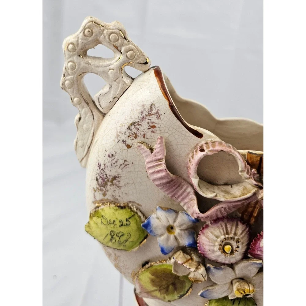 Antique Floral Vase Handled Ceramic 1897 Dated Decor Display‎ Planter